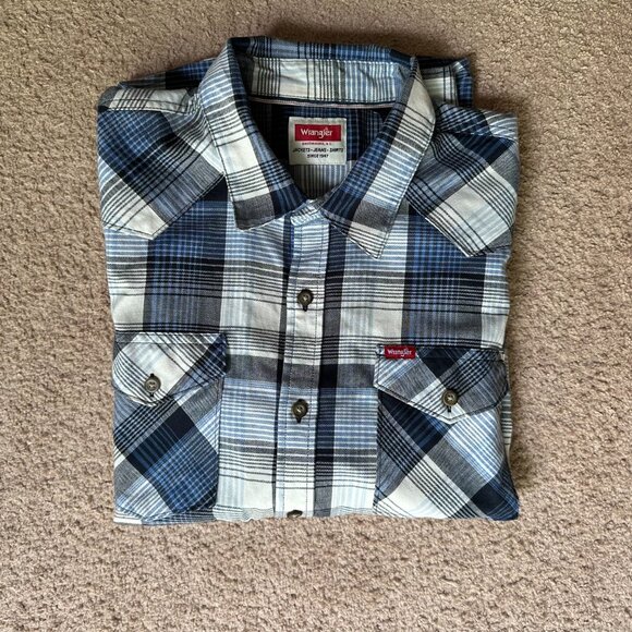 Wrangler Shirt Mens XL Button Up Long Sleeve Spread Collar Blue Plaid Pockets - Picture 12 of 12
